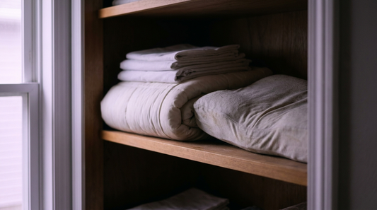 Vieil oreiller a memoire de forme affaisse et oublie au fond d un placard a linge